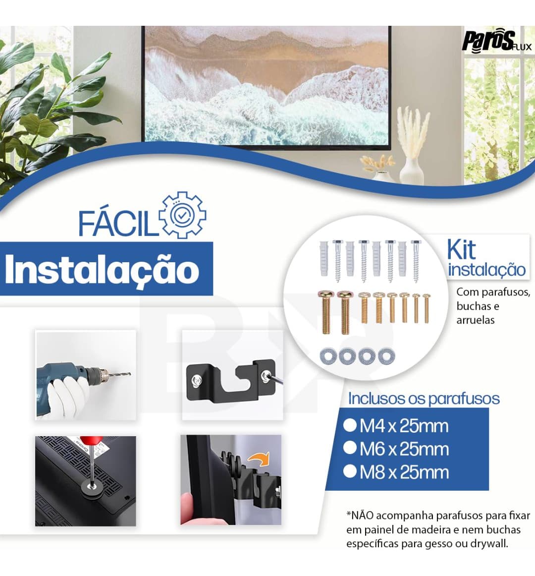 Detalhe do Suporte TV Fixo Universal Parosflux e seus componentes