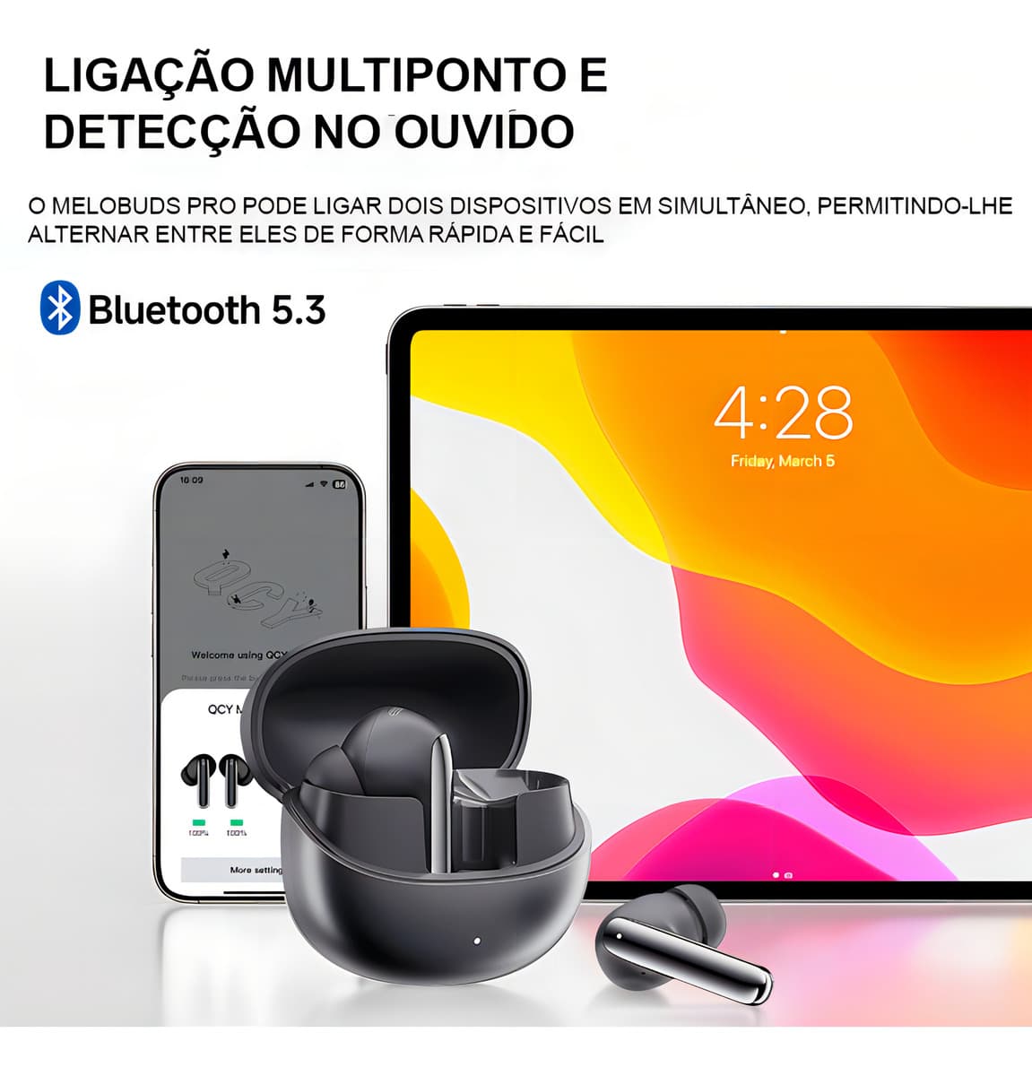 Fone de Ouvido QCY HT08 MeloBuds Pro destacando bateria e carregamento rápido