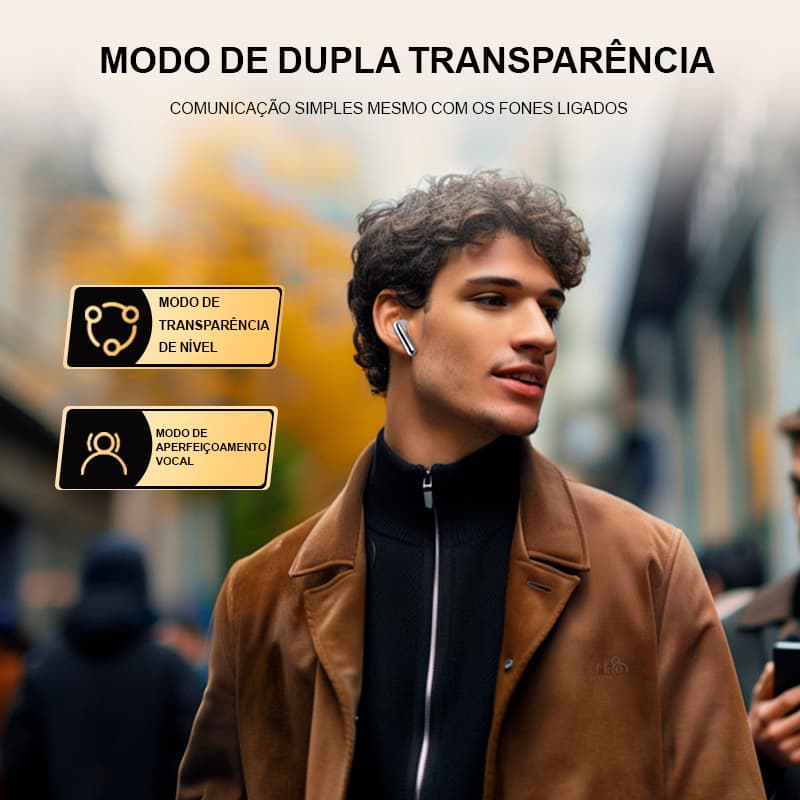 Fone QCY HT08 MeloBuds Pro em uso, mostrando o design ergonômico