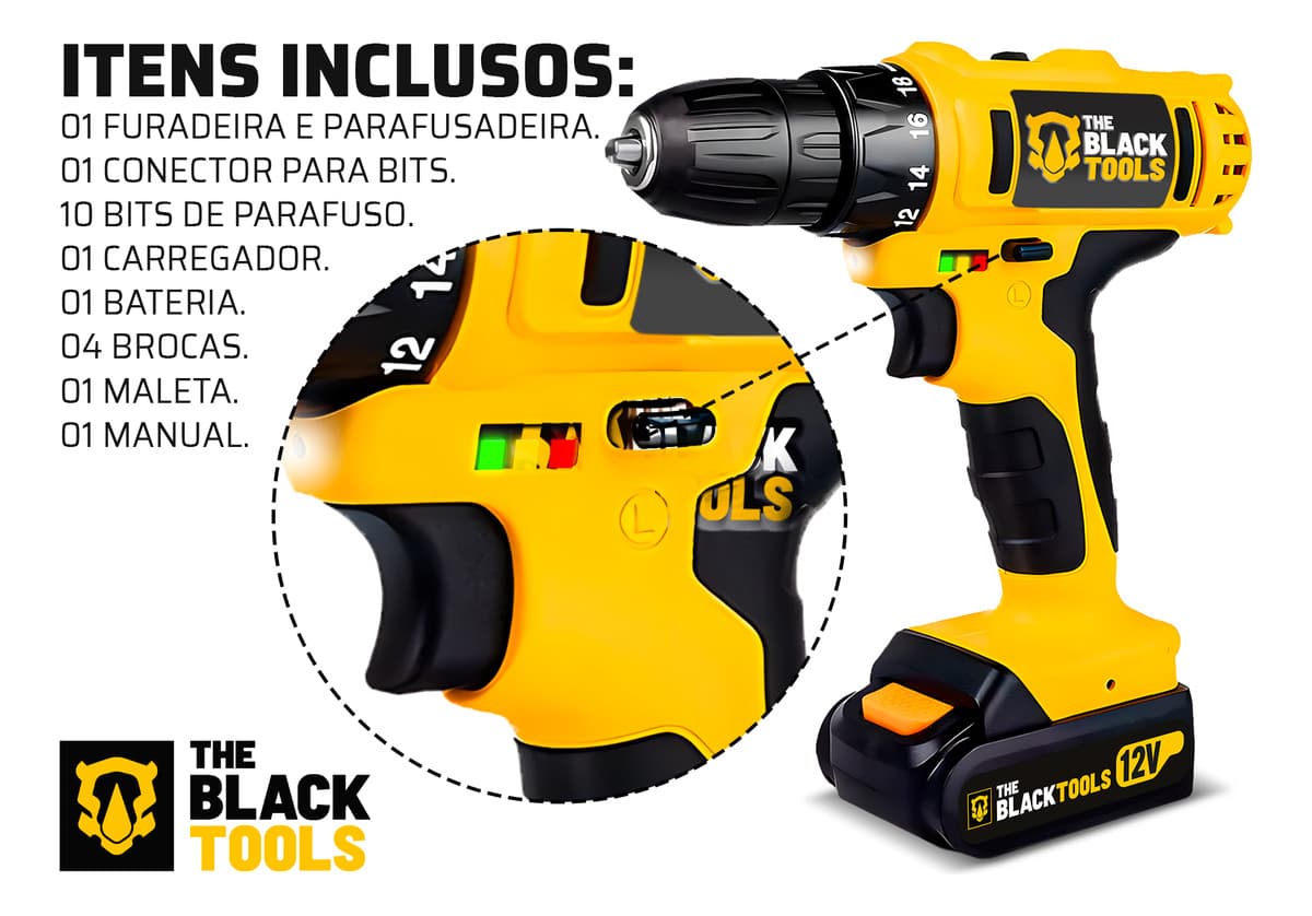 Design ergonômico da Furadeira Parafusadeira The Black Tools