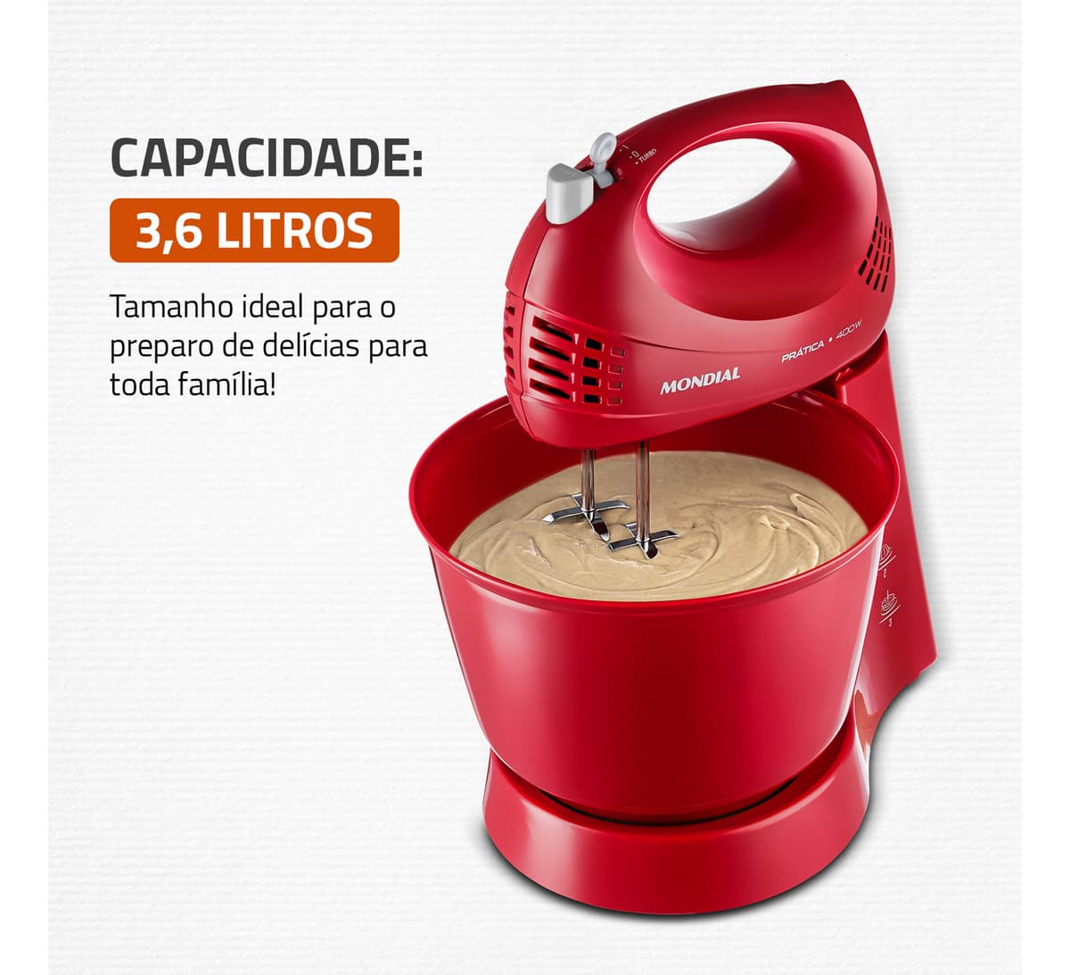 Detalhe da tigela e batedores da Batedeira Power Prática Mondial, 400W.