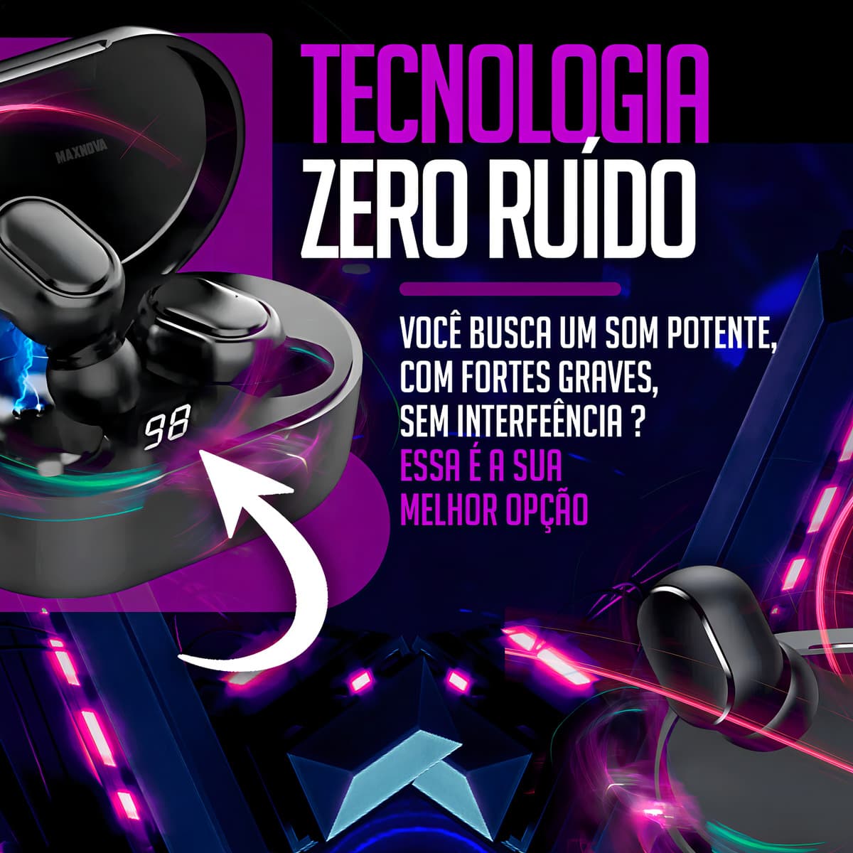 Fone de Ouvido Bluetooth Sem Fio com Visor - Fone e estojo