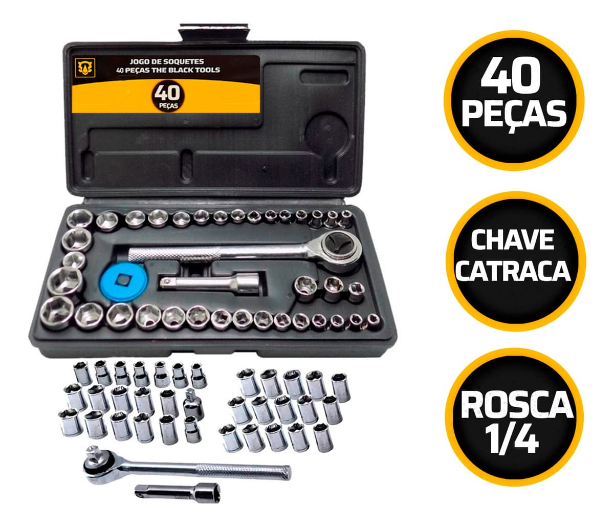 Kit de Chaves Jogo Catraca Reversível Soquetes 40 Peças com Maleta The Black Tools