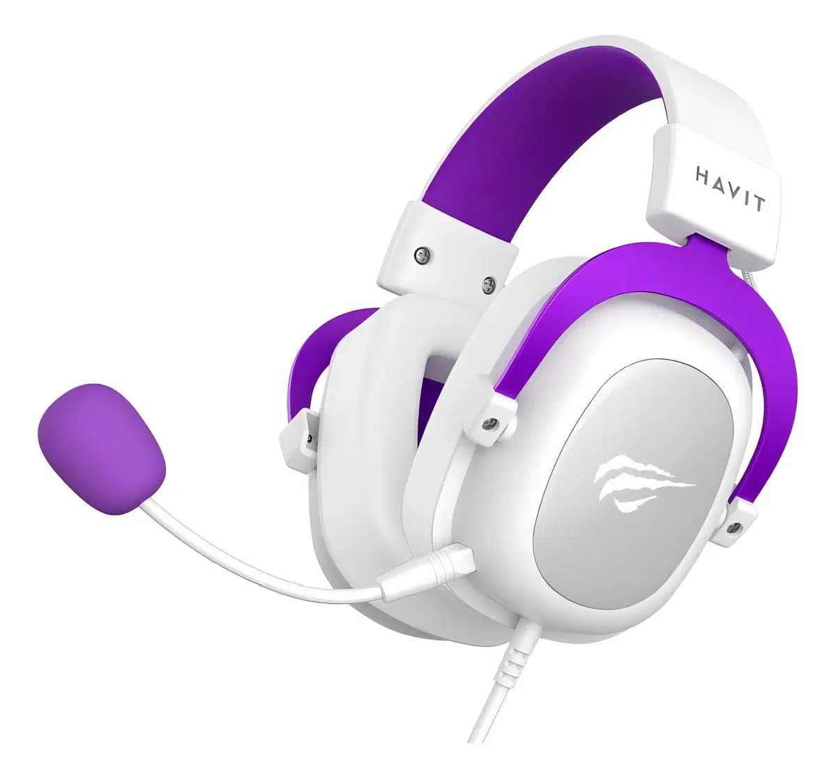 Headset Gamer Havit H2002d em destaque com seus detalhes branco e roxo