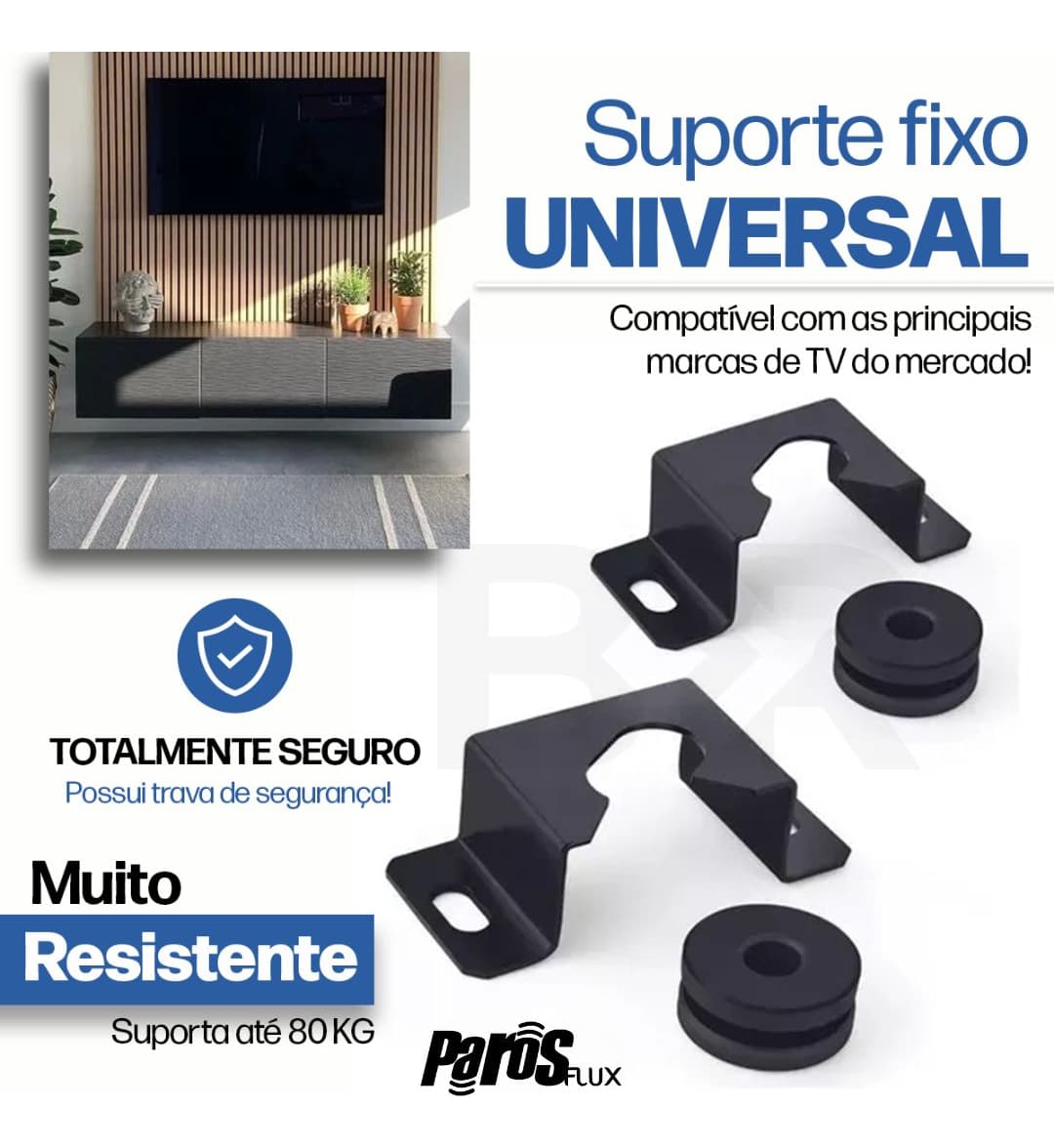 Ilustração de uma TV instalada na parede com o suporte Parosflux